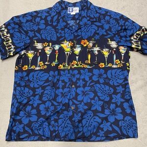 RJC Hawaiian Shirt Men's Large Blue Martini Wrap Print Cotton Vintage Party Camp